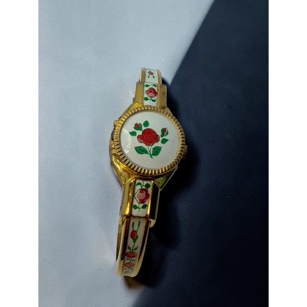 Gold Floral Bangle Analog Dress Wristwatch Round White Dial Metal 1950-70 6in